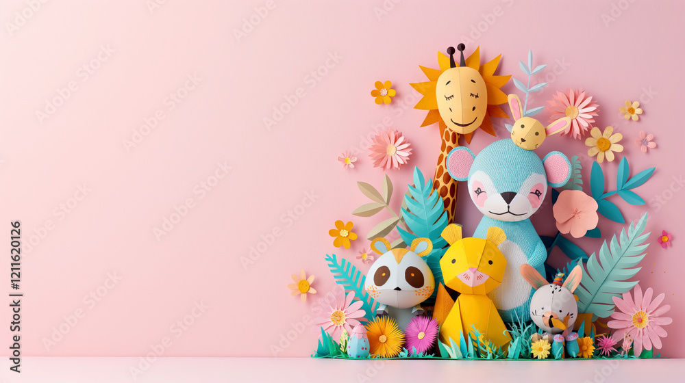 Colorful Jungle Safari Paper Art with Cute Animals and Flowers on Pastel Background. Colorful Jungle Safari Paper Art with Cute Animals and Flowers on Pastel Background.