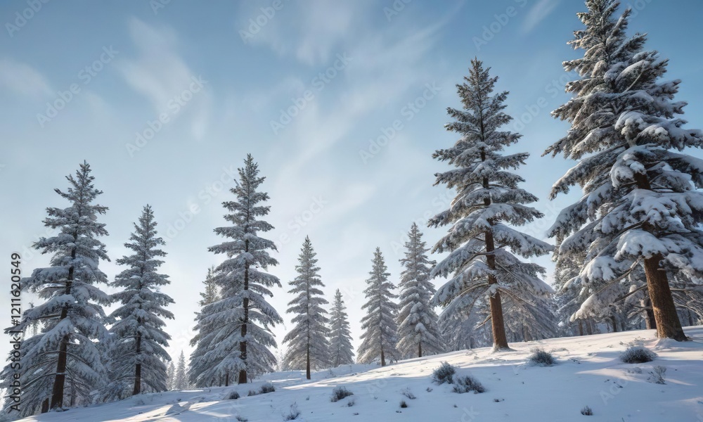 Snow-covered pine trees against a pale blue sky, cold, snow, winter Snow-covered pine trees against a pale blue sky, cold, snow, winter
