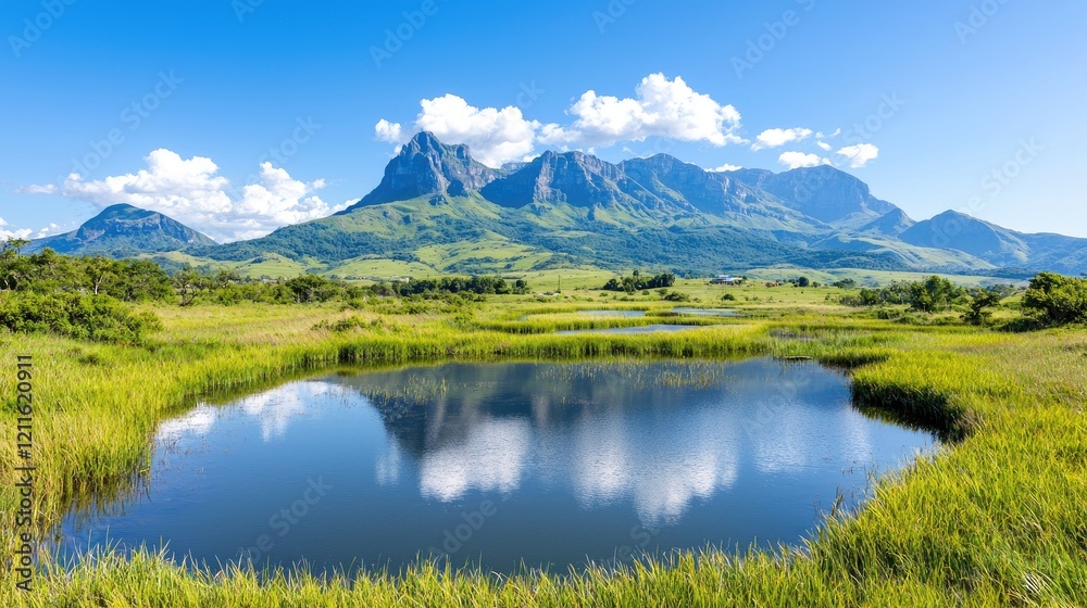 Mountain reflection in tranquil lake, sunny valley Mountain reflection in tranquil lake, sunny valley