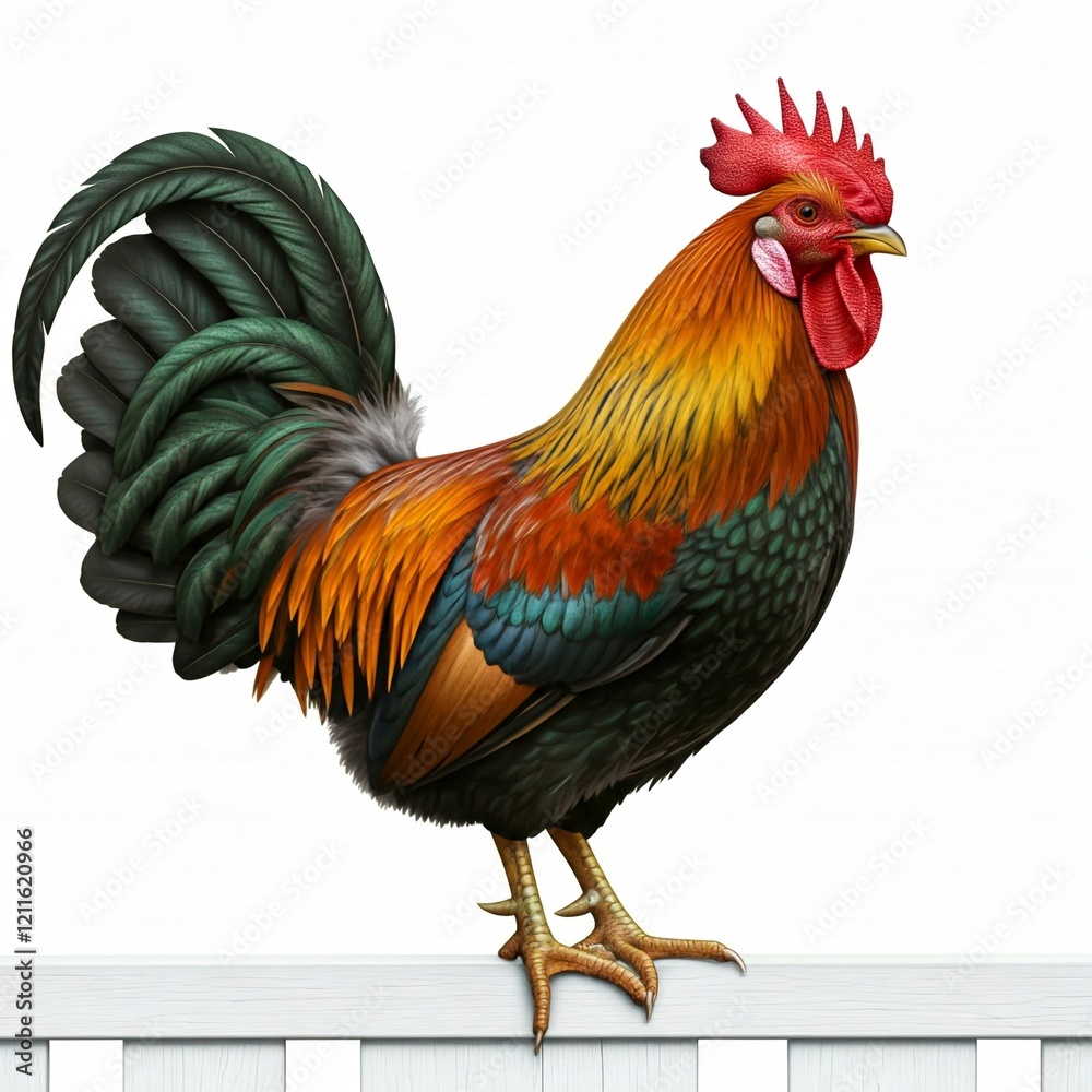 Fototapeta premium colorful rooster standing on a white wooden fence with a white background
