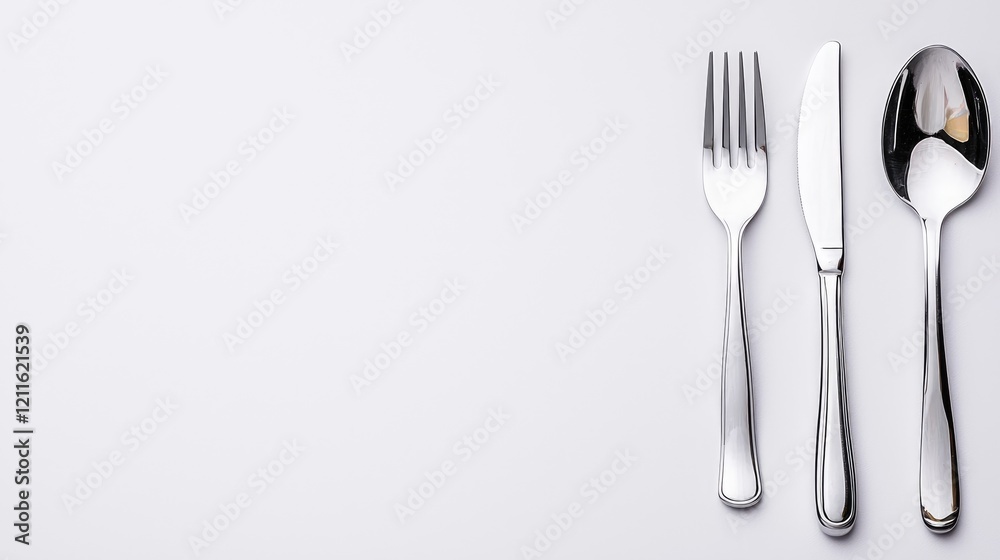 Silverware place setting on white background; restaurant menu design Silverware place setting on white background; restaurant menu design