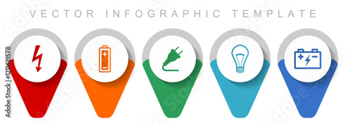 Power and energy pointer collection, miscellaneous icons such as bolt, battery, plug and light bulb, flat design vector infographic template in eps 10