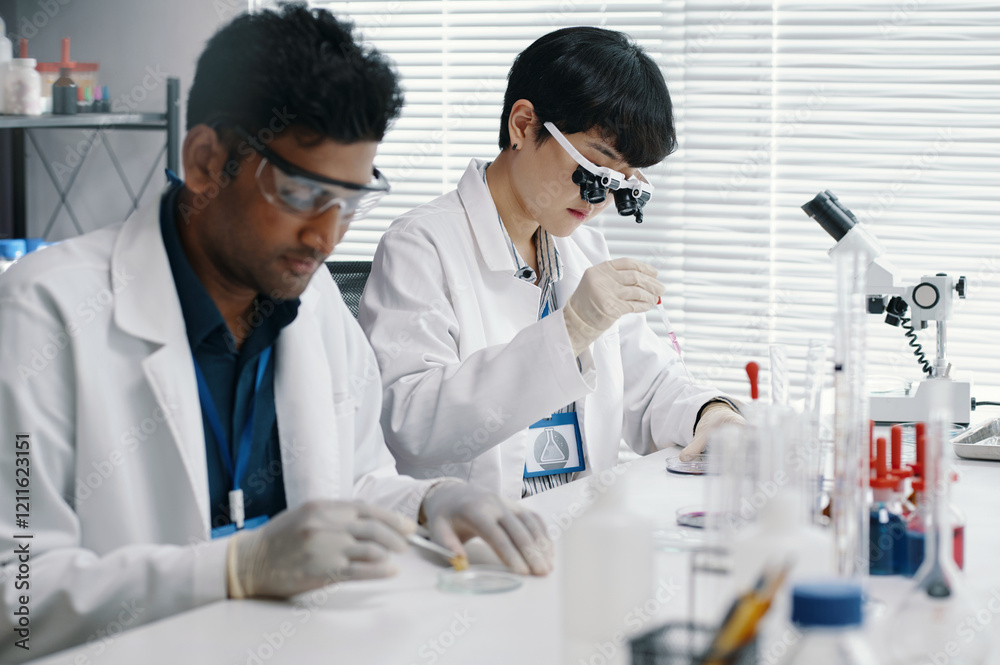 Scientists working diligently in a laboratory, wearing protective gear and using various scientific instruments. Collaborative efforts give a dynamic and focused atmosphere Scientists working diligently in a laboratory, wearing protective gear and using various scientific instruments. Collaborative efforts give a dynamic and focused atmosphere