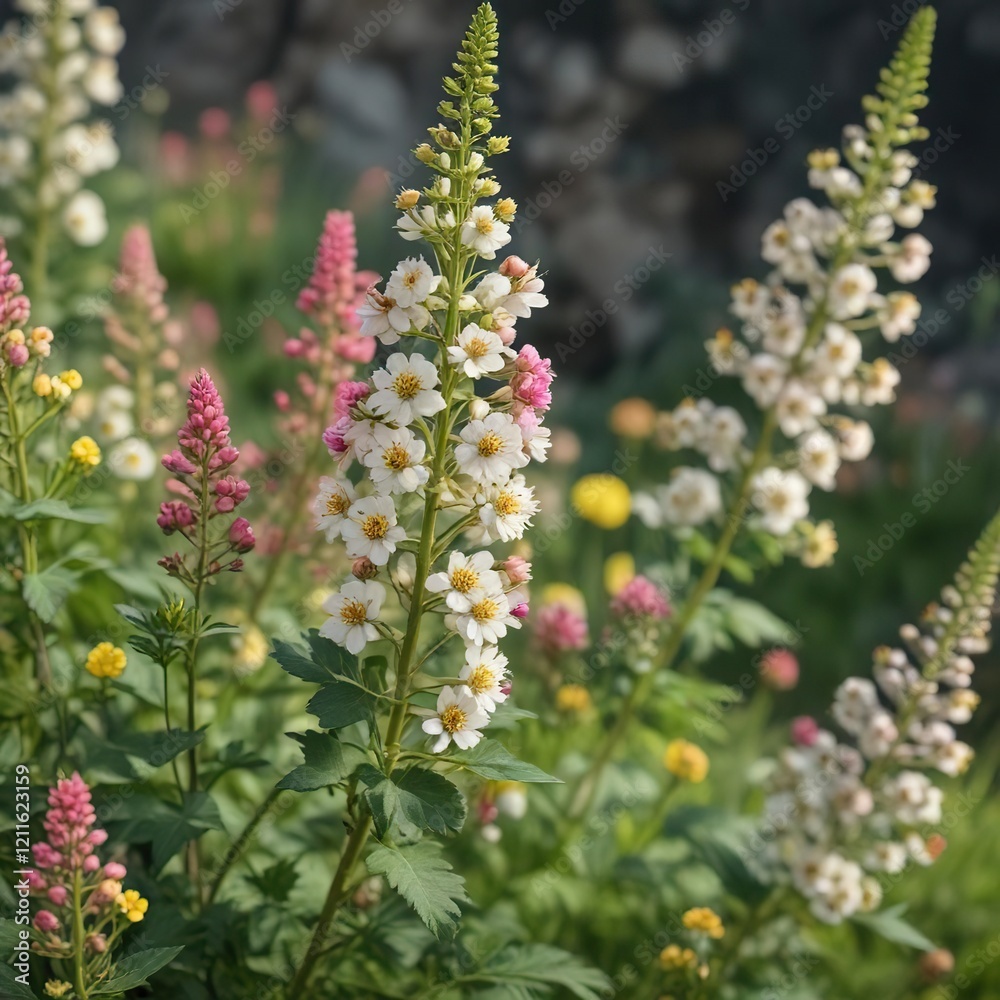 Close-up shot of white burnet bush with yellow and pink flowers in bloom, bushy, close-up view Close-up shot of white burnet bush with yellow and pink flowers in bloom, bushy, close-up view