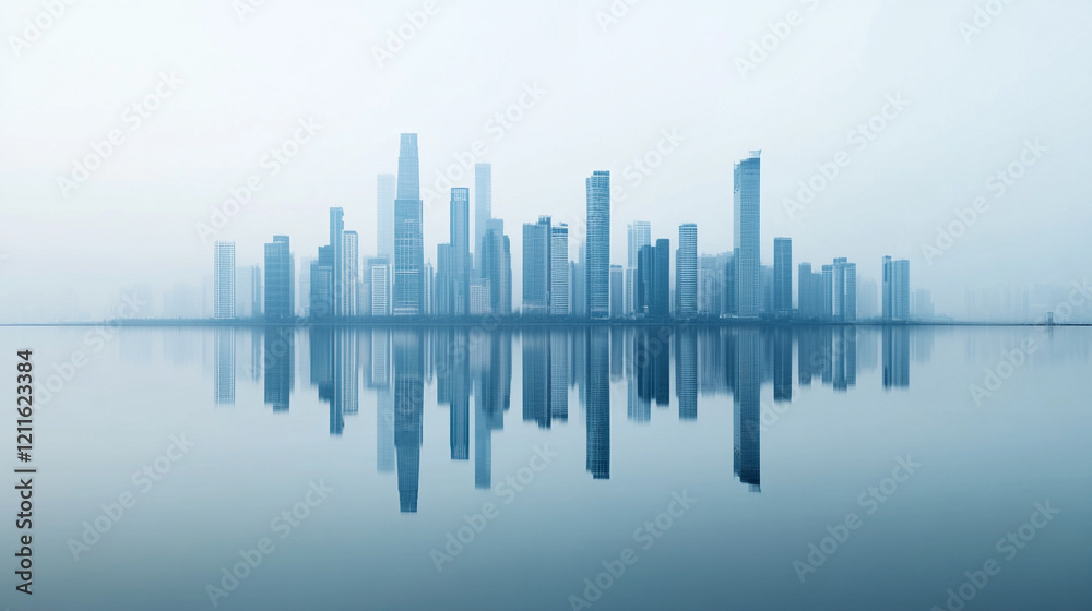Fototapeta premium Serene city skyline reflected in calm waters with a misty atmosphere of PM 2.5 pollution.