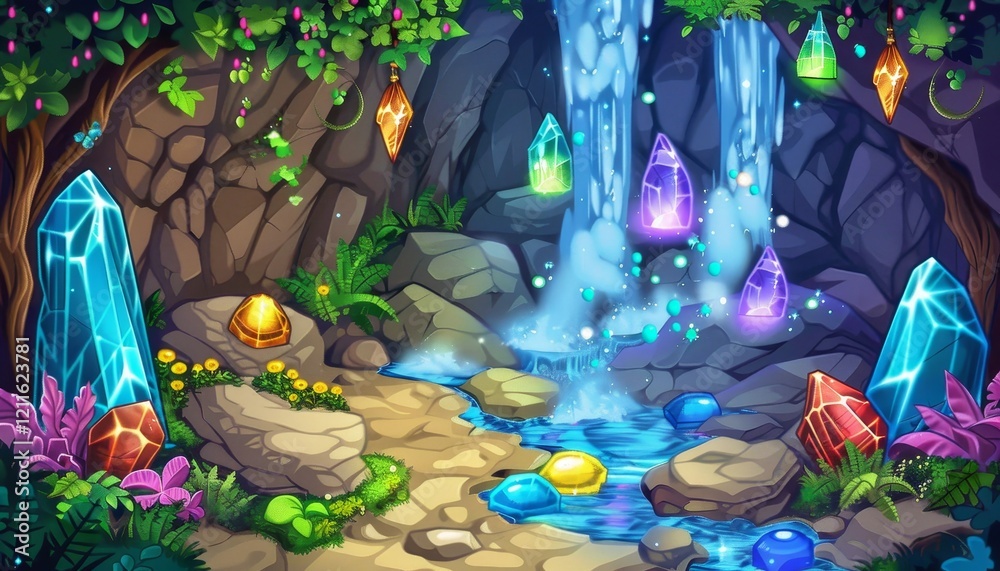 Obraz premium A magical cave with a waterfall and glowing gems, a path leads to the water's edge.