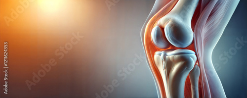 human knee joint, emphasizing bones, ligaments, and cartilage, focusing on joint health, arthritis, injuries, and mobility. photo