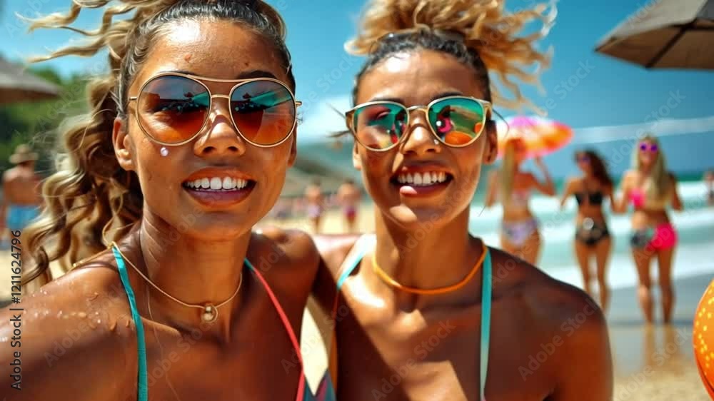 Beach Day Fun: Two Smiling Women in Bikinis and Sunglasses Enjoying a Beach Party Beach Day Fun: Two Smiling Women in Bikinis and Sunglasses Enjoying a Beach Party