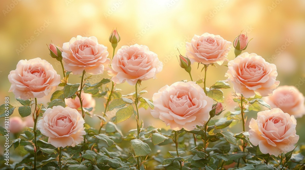 Obraz premium Peach Roses in Golden Sunlight: A Serene Garden Scene
