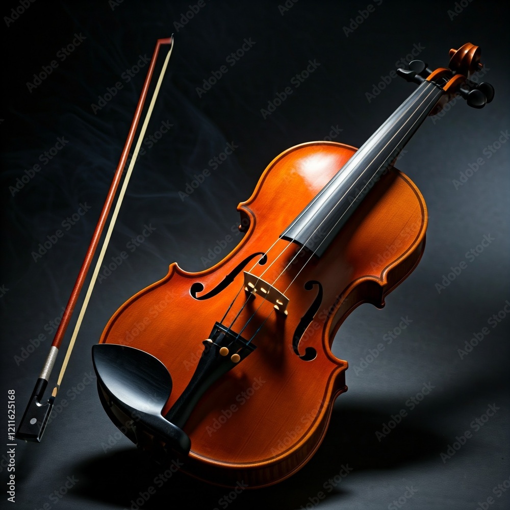 Fototapeta premium closeup of a violin and bow on a black background with smoke