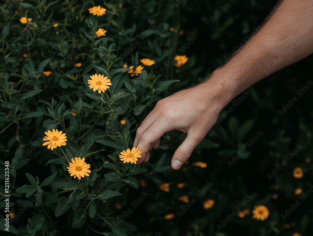 Hand gently touching yellow flowers in a lush green field, symbolizing harmony with nature Hand gently touching yellow flowers in a lush green field, symbolizing harmony with nature