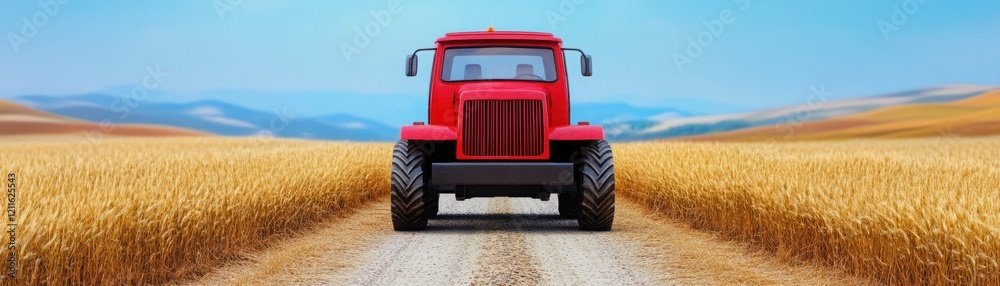 Bright Red Tractor on Dusty Road Surrounded by Golden Wheat Fields Under Clear Blue Sky with Rolling Hills in the Background Capturing Rural Life and Agricultural Beauty Bright Red Tractor on Dusty Road Surrounded by Golden Wheat Fields Under Clear Blue Sky with Rolling Hills in the Background Capturing Rural Life and Agricultural Beauty