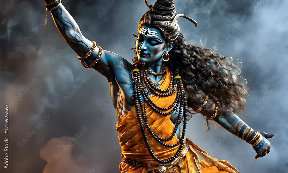 Powerful Hindu deity Shiva, cosmic dance, smoky background, spiritual art