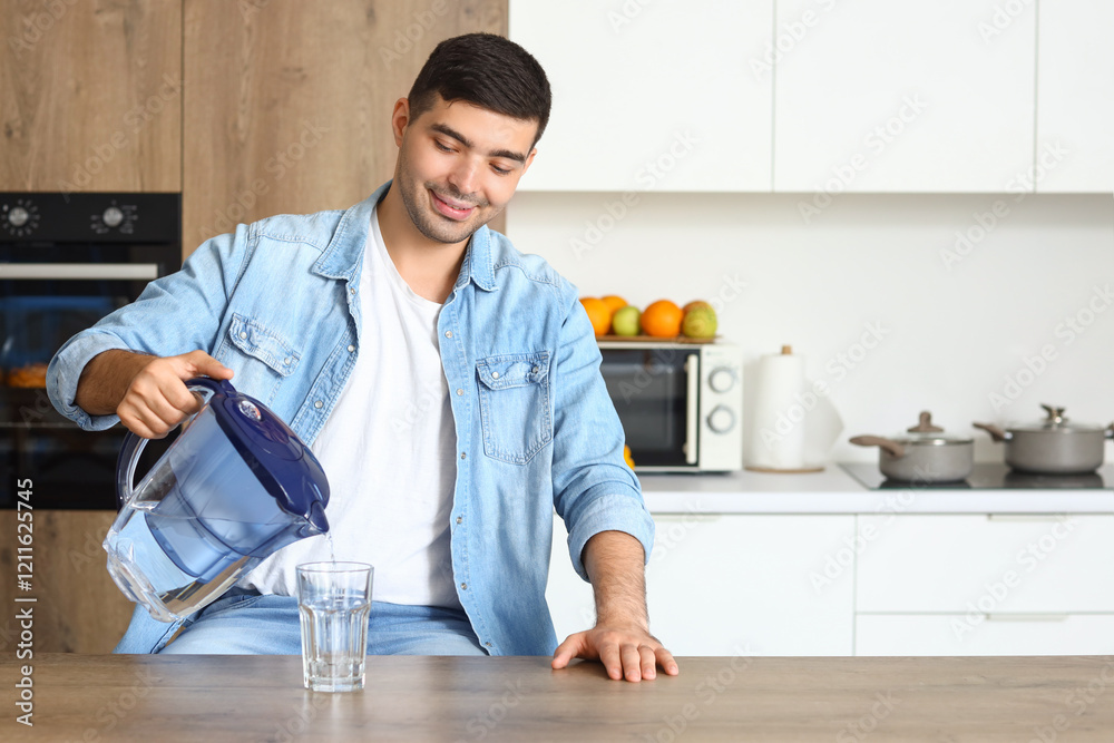 Young man pouring purified water into glass from filter jug at table in kitchen Young man pouring purified water into glass from filter jug at table in kitchen
