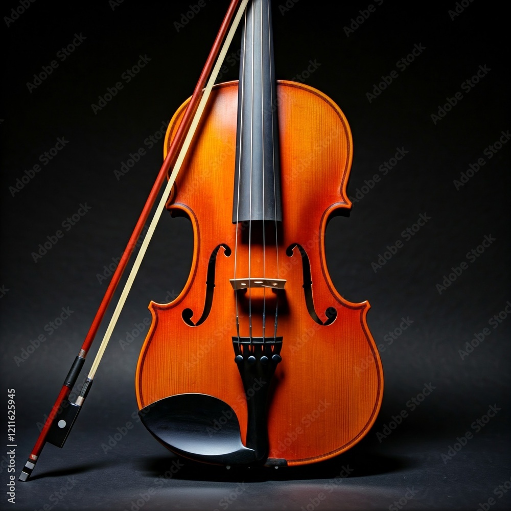 Fototapeta premium close up of a violin with bow resting on black background
