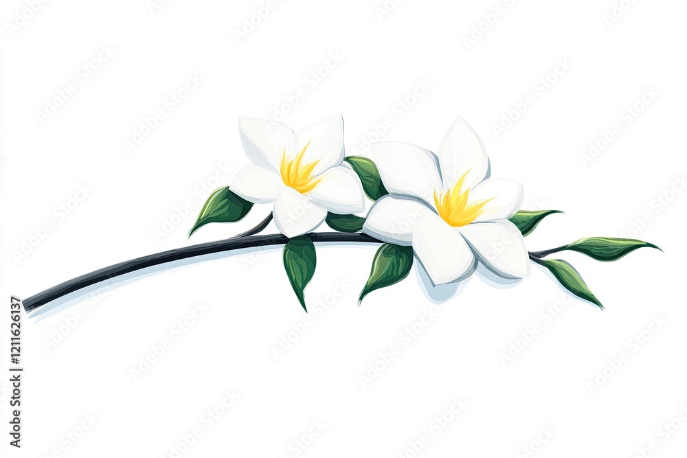 Naklejka premium Elegant illustration of two white flowers with yellow centers on a slender branch with green leaves