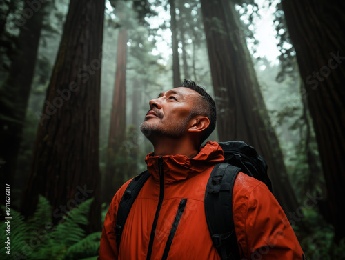 Man in a red jacket exploring a misty forest surrounded by towering trees and lush greenery photo