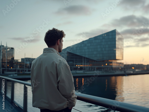 Man standing on a bridge at sunset, gazing at the glowing skyline and reflections in the water