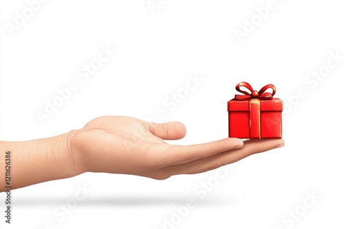 A hand presenting a small red gift box with a bow against a plain white background