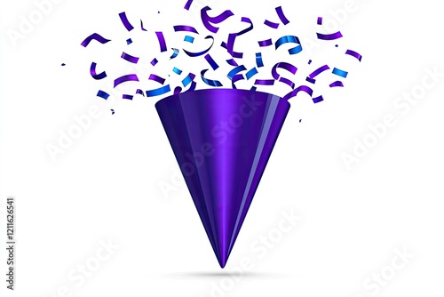 Purple party hat bursting with colorful confetti, symbolizing celebration and joy photo