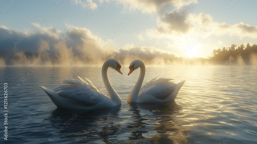 Fototapeta premium Two Swans Forming a Heart Shape at Sunrise on a Misty Lake.
