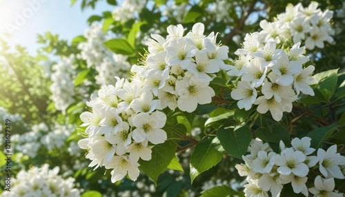 Cluster of delicate white bhringraj blossoms with green leaves on bright sunny day, sunny, sunlight, greenery, vibrant