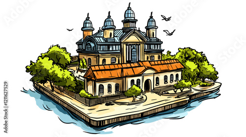 Ellis Island in New York. Vector comic hand-drawn illustration of Ellis Island