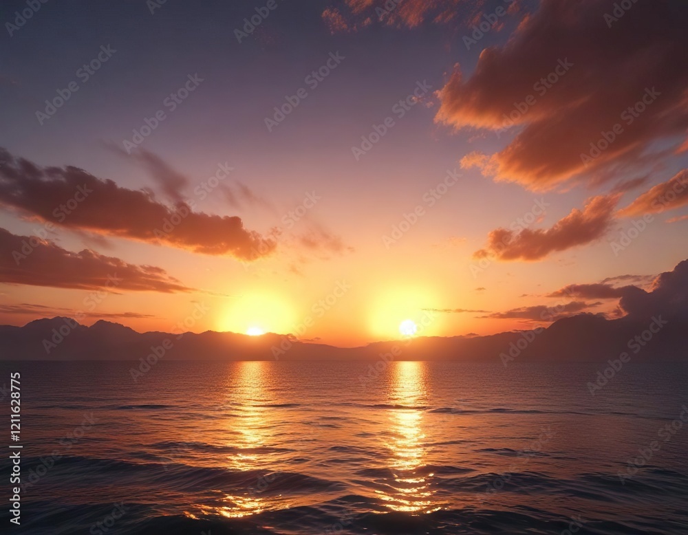Fototapeta premium Peaceful twilight sky with orange sun sinking below the horizon, tranquil scene, fading light