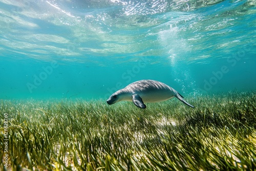 A dugong swimming gracefully in shallow turquoise waters off the coast of Queensland, surrounded by seagrass. photo