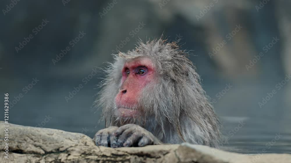 A cute Japanese snow monkey enjoys the warmth of a foggy onsen, surrounded by a snowy landscape in the iconic Jigokudani valley. A cute Japanese snow monkey enjoys the warmth of a foggy onsen, surrounded by a snowy landscape in the iconic Jigokudani valley.