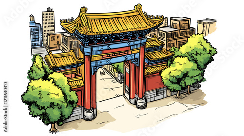 Vector comic hand-drawn illustration of Chinatown gate. Chinatown gate in New York