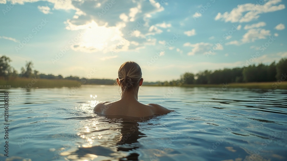 Fototapeta premium Embracing the refreshing waters, a woman swims peacefully in a lake, surrounded by lush greenery and bathed in soft sunlight. The perfect moment of relaxation and connection with nature