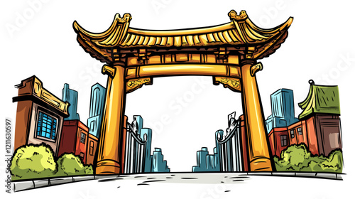 Vector comic hand-drawn illustration of Chinatown gate. Chinatown gate in New York