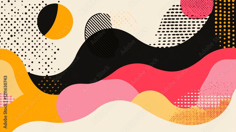 Abstract wavy shapes, colorful geometric patterns, and halftone dots on beige background. Abstract wavy shapes, colorful geometric patterns, and halftone dots on beige background.
