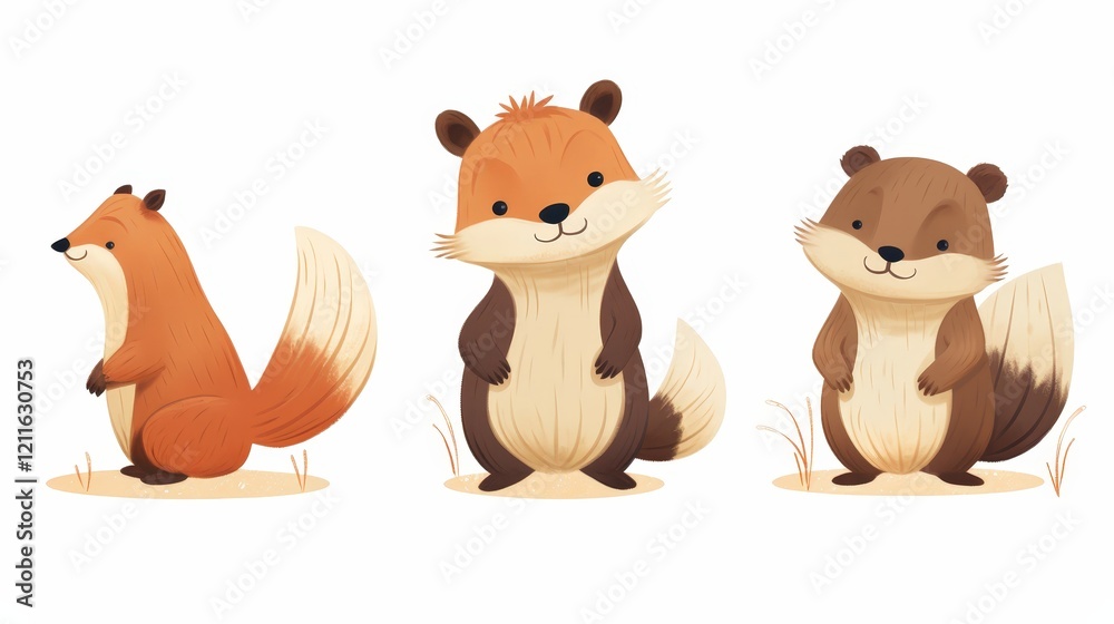 Adorable Fox Squirrel and Badger Illustrations in Warm Colors Adorable Fox Squirrel and Badger Illustrations in Warm Colors