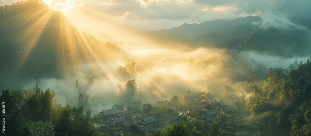 Fototapeta premium Sunrise rays over misty mountain village