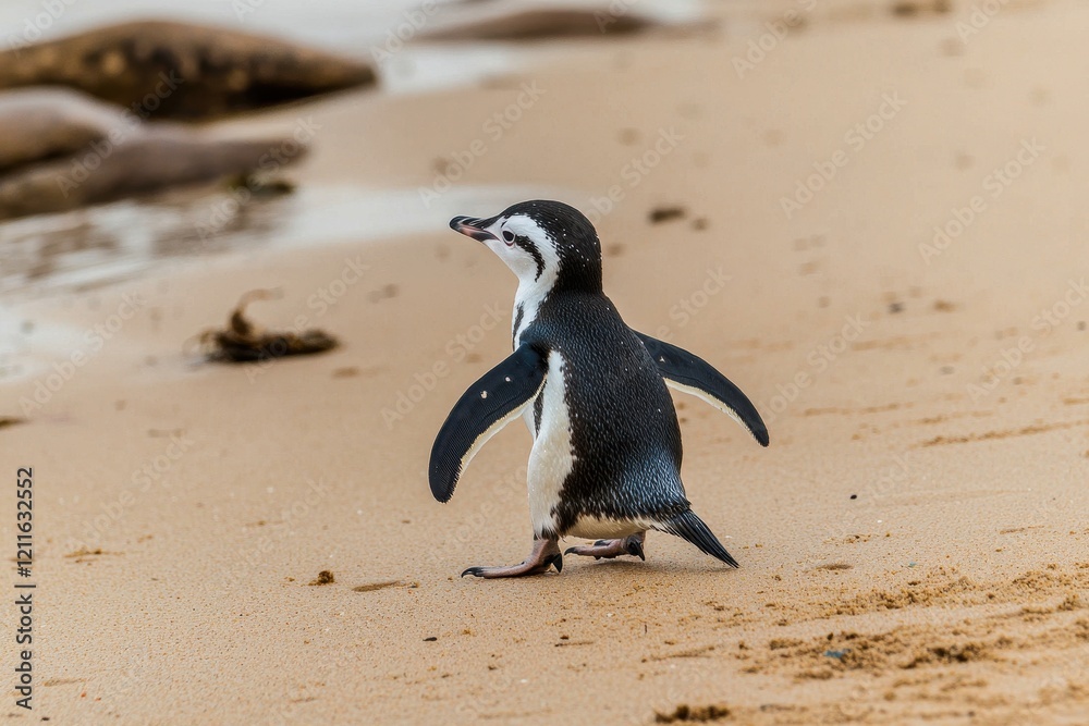 Fototapeta premium A fairy penguin waddling across a sandy beach at Phillip Island, returning from a day of fishing in the ocean