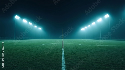 A serene night view of a football field illuminated by bright floodlights, with mist hovering over the green turf. photo