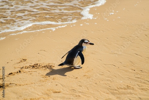 A fairy penguin waddling across a sandy beach at Phillip Island, returning from a day of fishing in the ocean