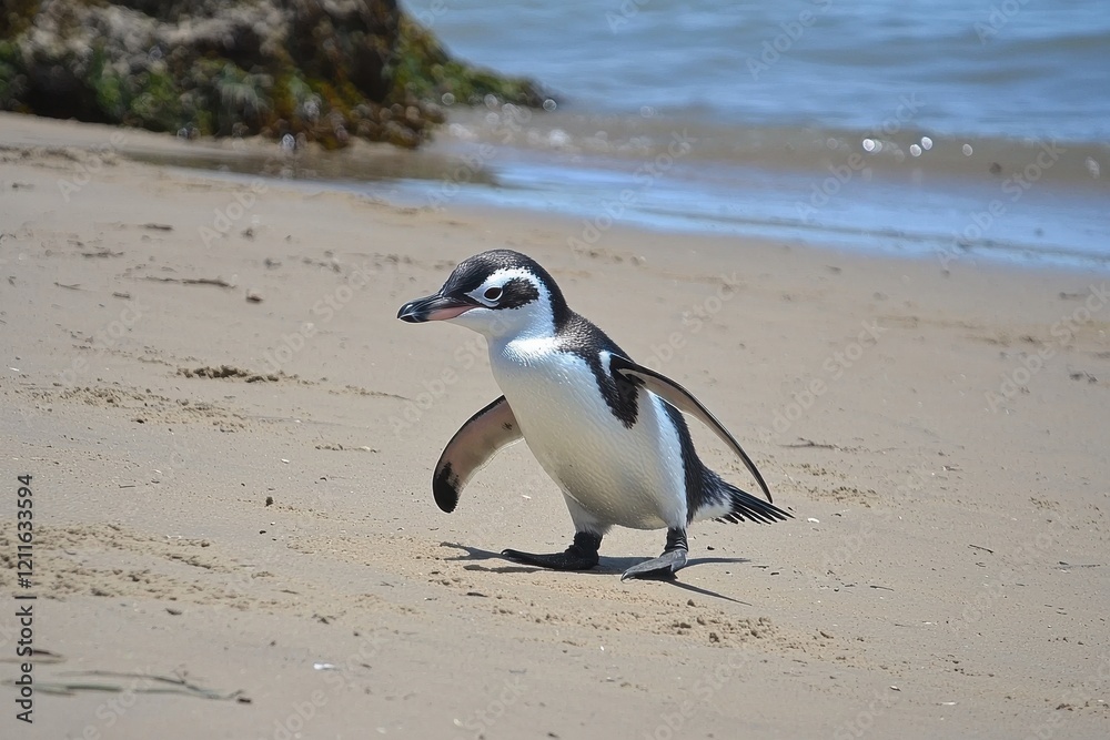 Obraz premium A fairy penguin waddling across a sandy beach at Phillip Island, returning from a day of fishing in the ocean