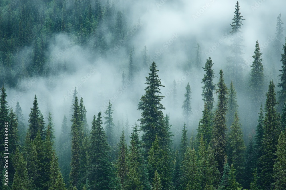 Misty mountain forest with tall evergreen trees shrouded in fog. Misty mountain forest with tall evergreen trees shrouded in fog.