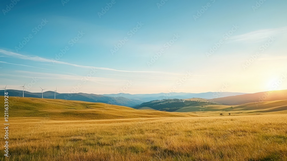 Serene Landscape with Wind Turbines at Sunrise Serene Landscape with Wind Turbines at Sunrise