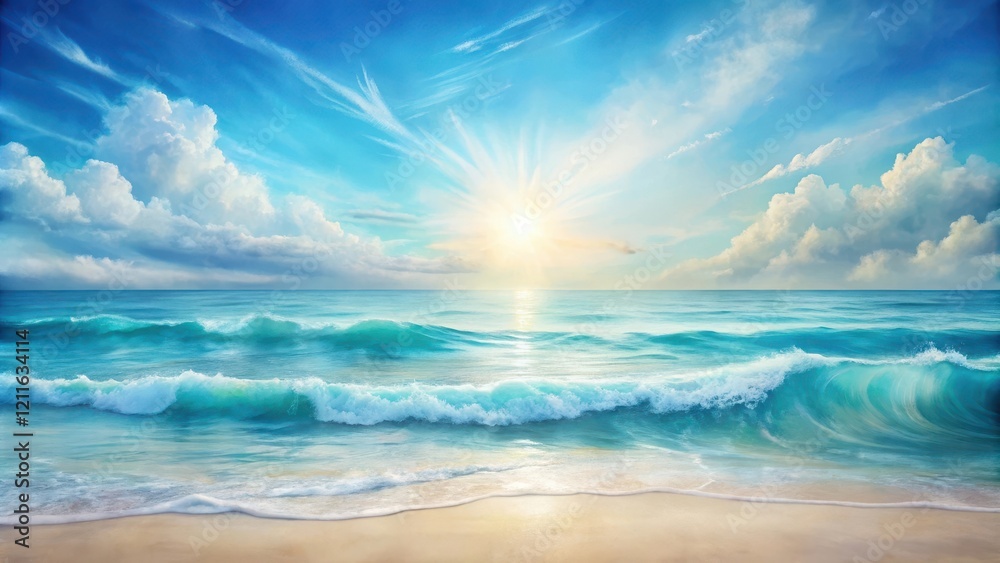 Obraz premium Serene Coastal Scene Sunlit Waves Rolling Onto a Sandy Shore at Dawn