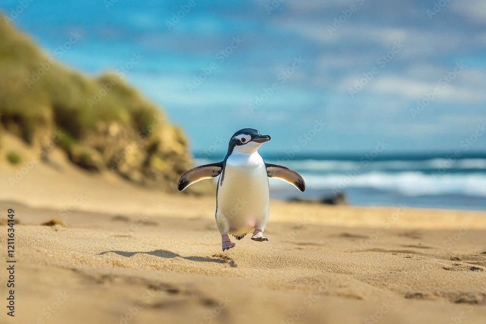 Fototapeta premium A fairy penguin waddling across a sandy beach at Phillip Island, returning from a day of fishing in the ocean