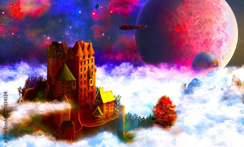 Realistic illustration of a medieval castle above the clouds, from the windows of which space and spaceships are visible.