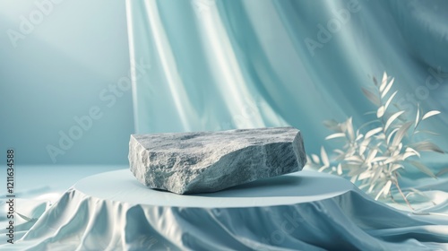 Empty Stone Platform Showcase Mockup on Blue Draped Fabric Surface On Against a Flowing Blue Silk Background