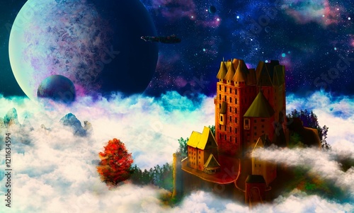 Realistic illustration of a medieval castle above the clouds, with space and spaceships visible from its windows