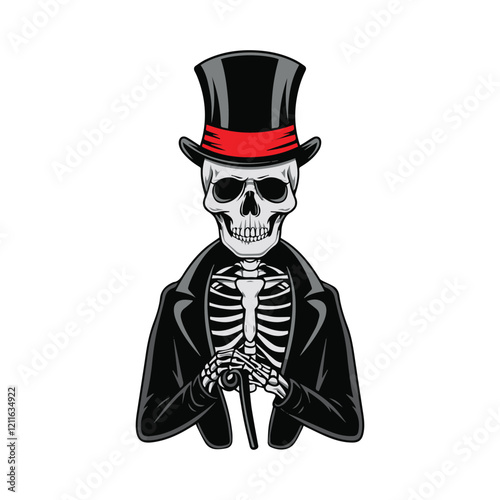 Victorian Skeleton in Top Hat and Suit Illustration – Elegant Gothic Art Design, vector illustration.