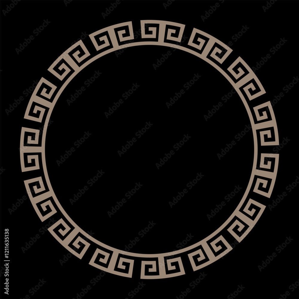Greek gold round frame on black background. Gold Round frame with greek motifs. Circle frame. For card, textile, engraving, wooden carving, embroidery, porcelain. Vector illustration for your design Greek gold round frame on black background. Gold Round frame with greek motifs. Circle frame. For card, textile, engraving, wooden carving, embroidery, porcelain. Vector illustration for your design