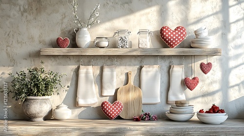 Rustic Kitchen Shelf Decor with Red Hearts and Spring Flowers.